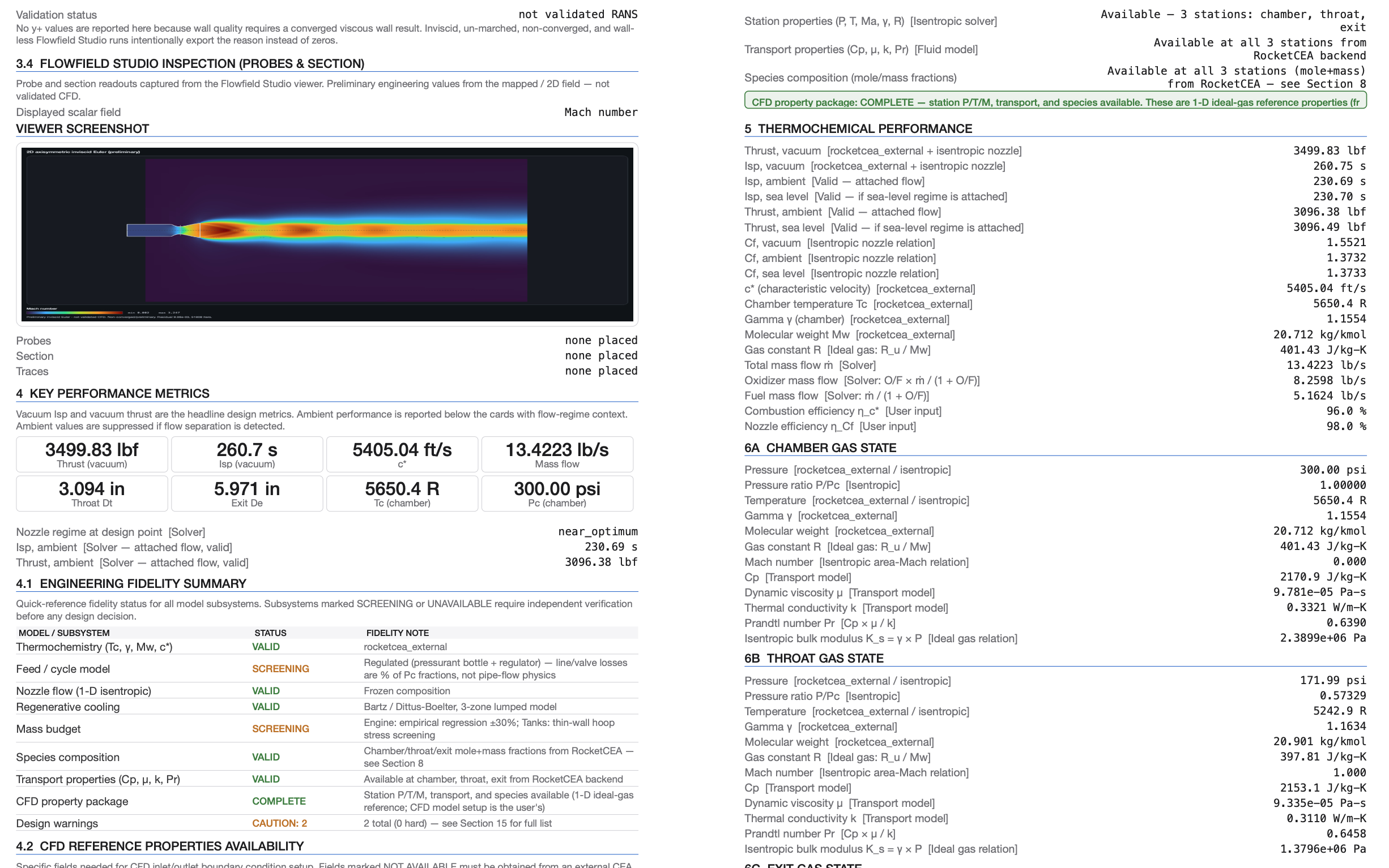 Engine sizing summary report generated by RPL Engine Workbench