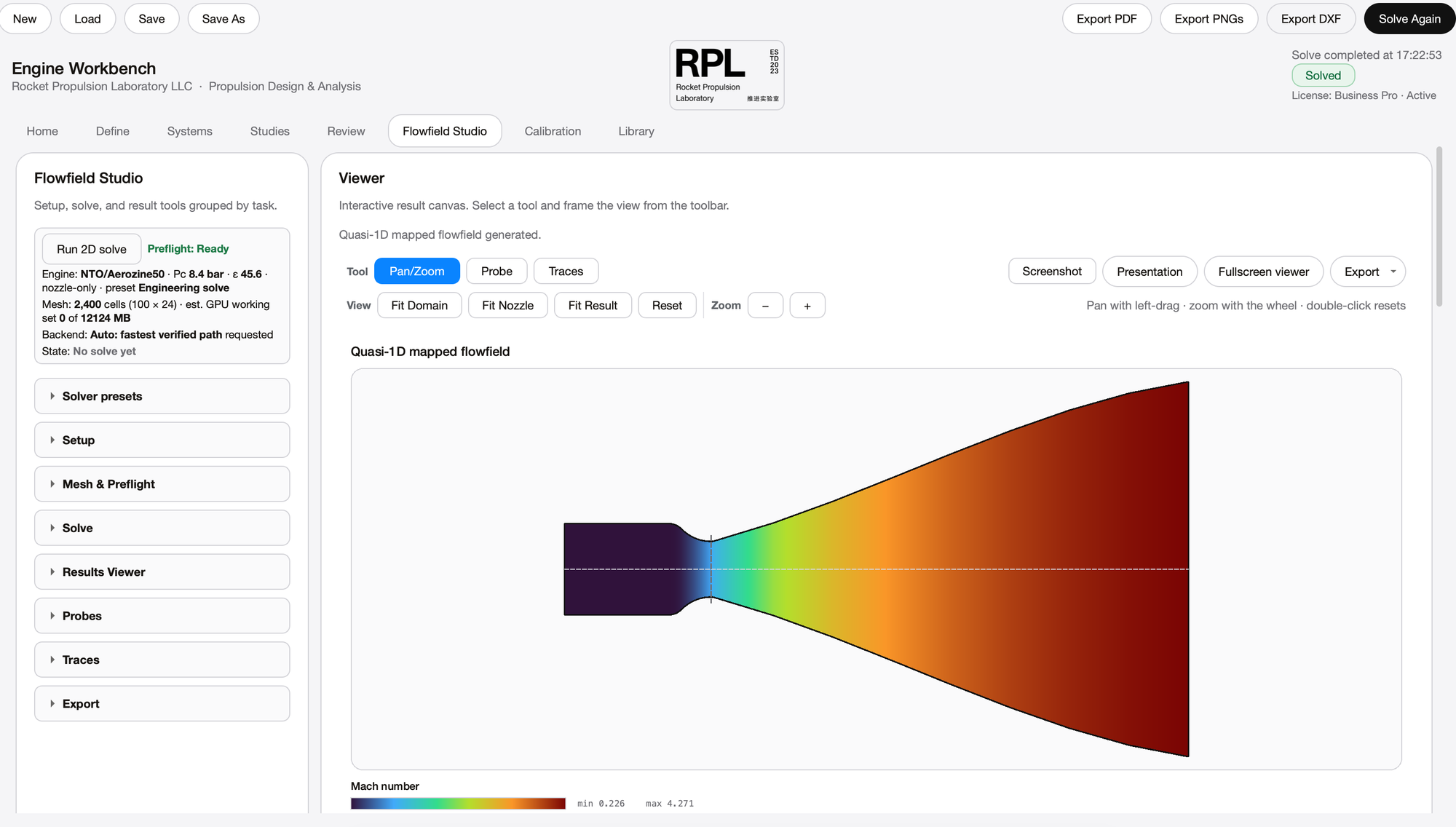 RPL Engine Workbench on macOS: Flowfield Studio tab for a solved NTO/Aerozine50 engine case, showing the quasi-1D mapped flowfield preview, mesh and preflight details, and PDF, PNG, and DXF export buttons