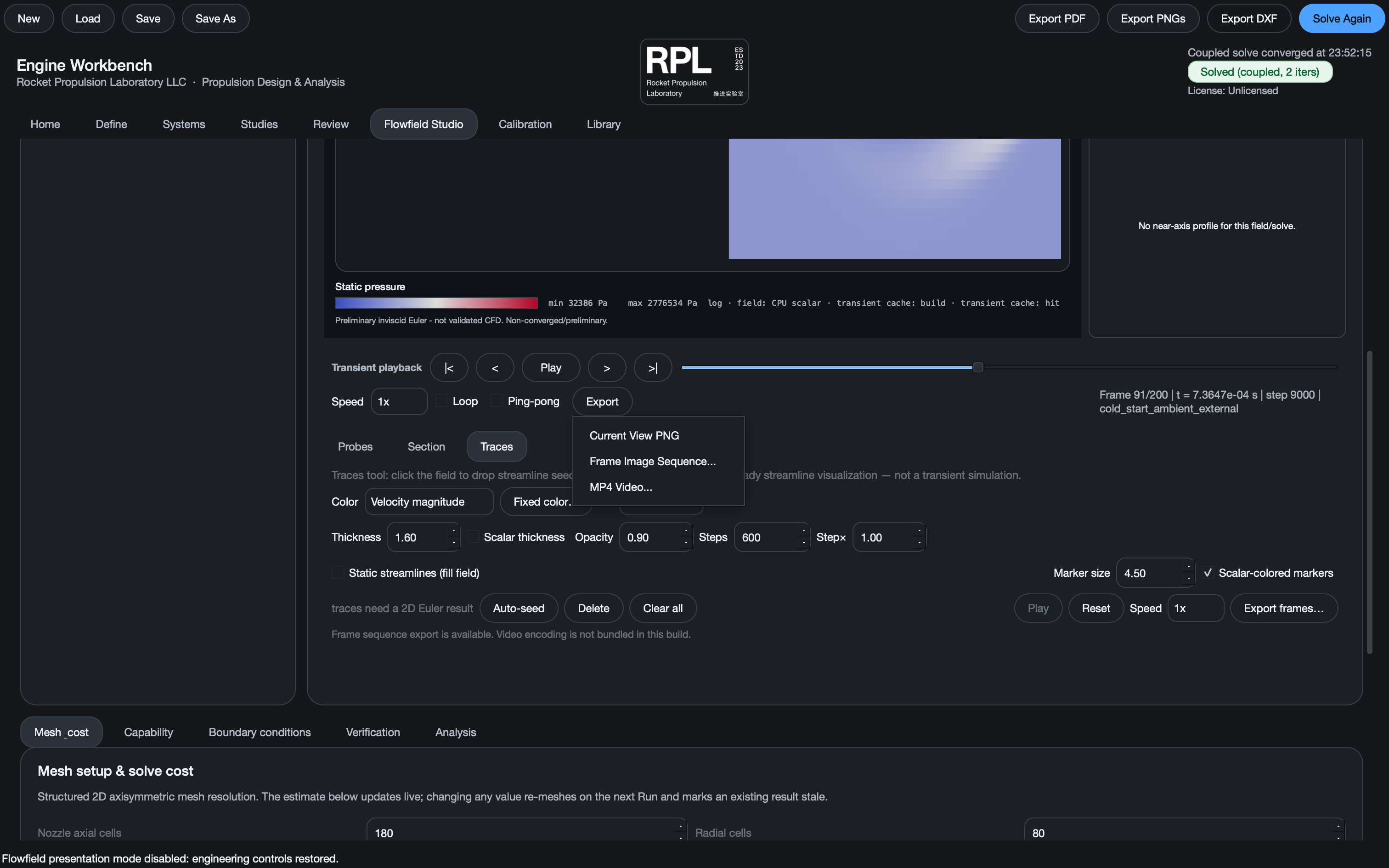 Flowfield Studio export menu and transient frame sequence options
