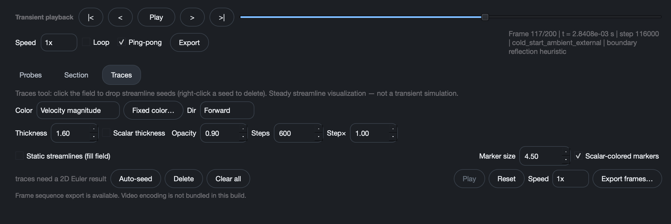 Flowfield Studio transient playback controls and residual status panel