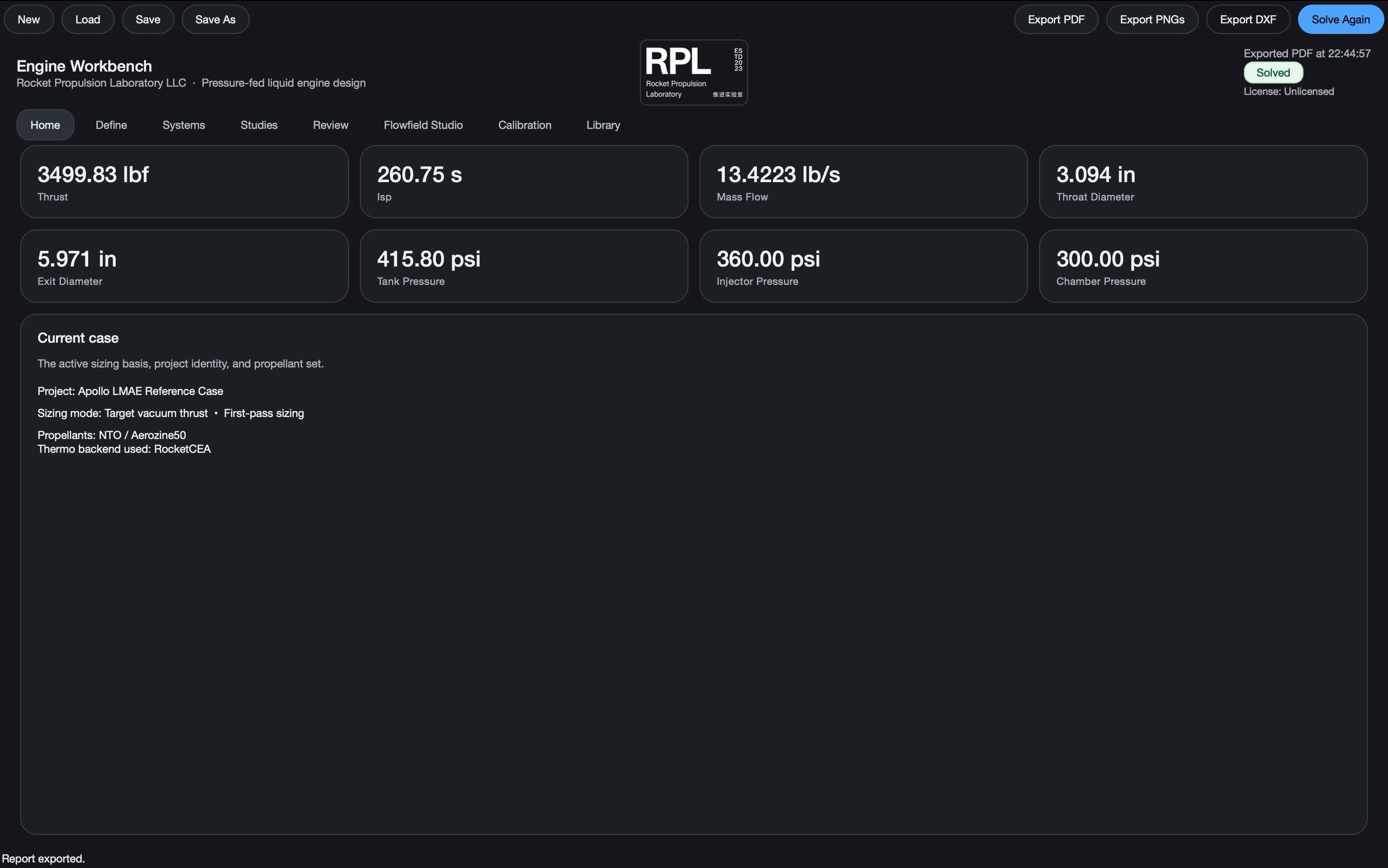 Native macOS interface of RPL Engine Workbench showing engine sizing inputs