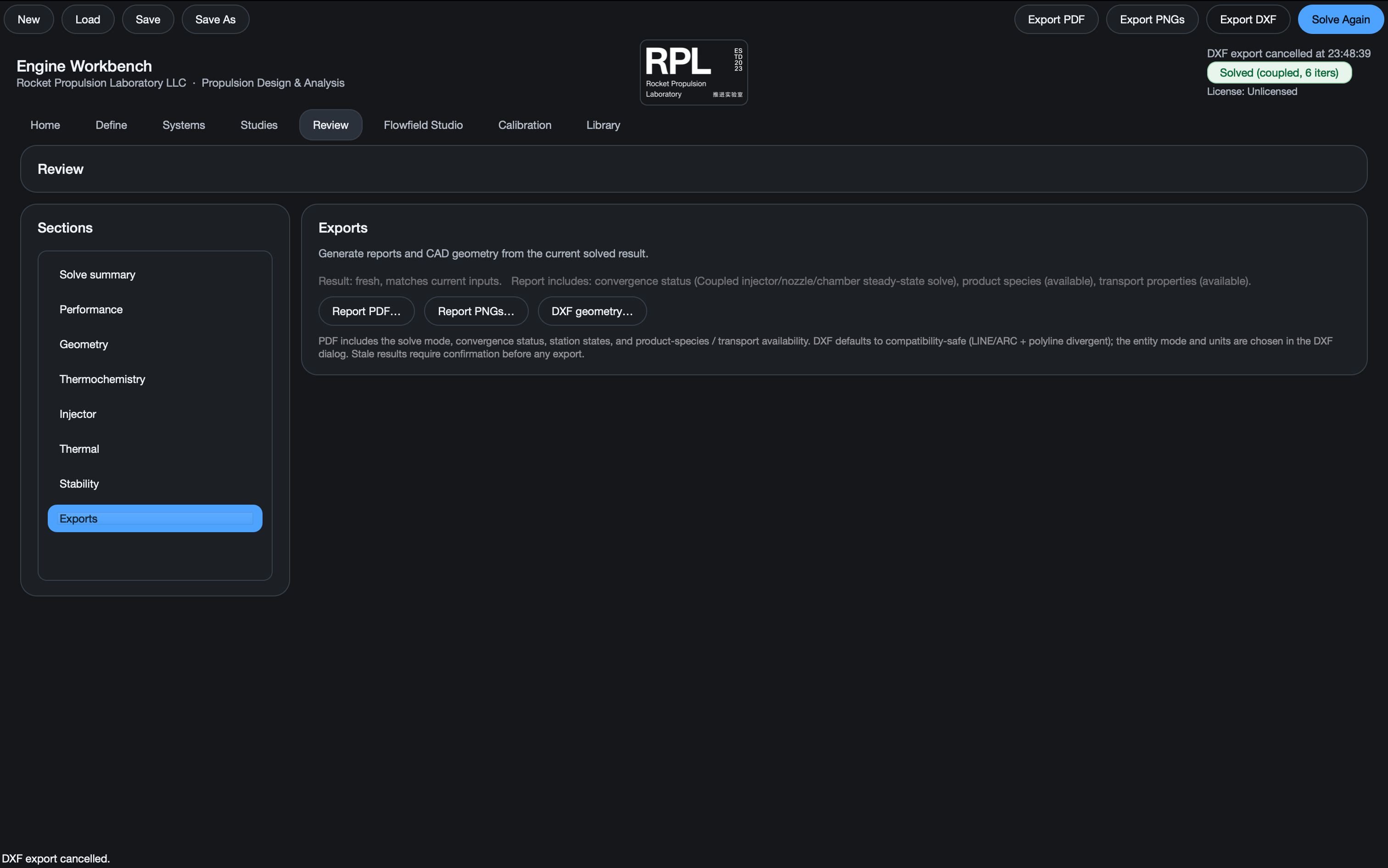 Report and geometry export controls in RPL Engine Workbench