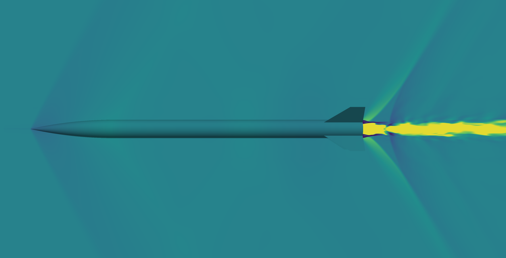 Mach number around a finned rocket at Mach 1.165 with its motor firing, seen from the side