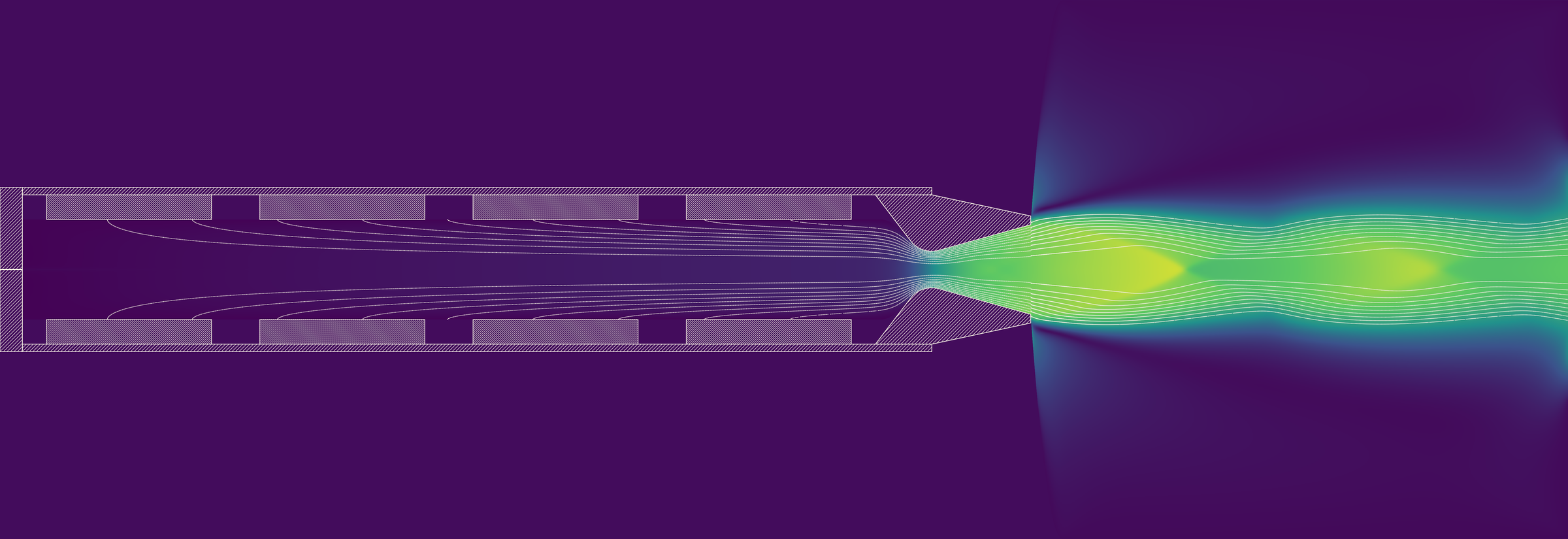 Mach number in the port, nozzle and plume of a four-grain solid motor, with lines of equal mass flow