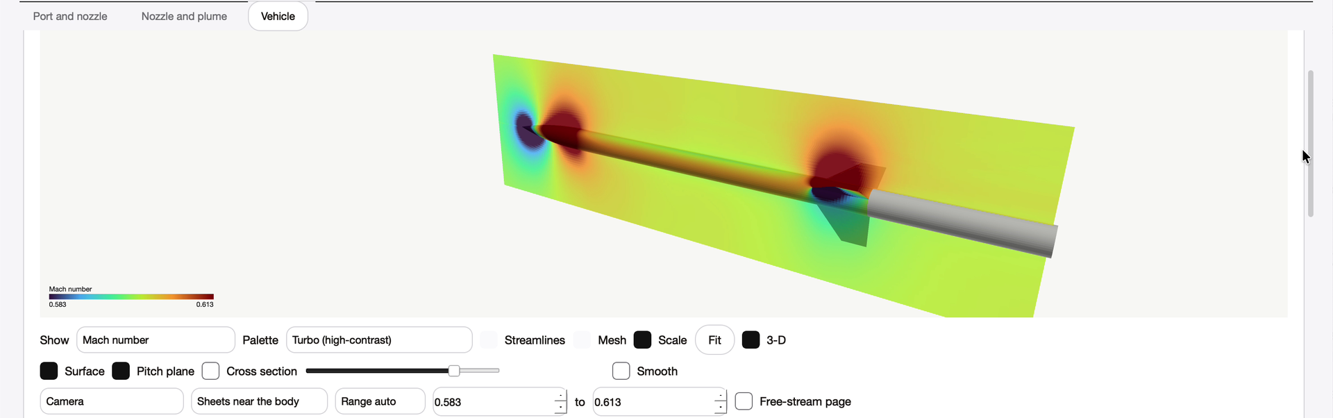 The rocket in 3-D on the CFD tab: Mach number on its surface and in the pitch plane at Mach 0.6 and 4 degrees angle of attack