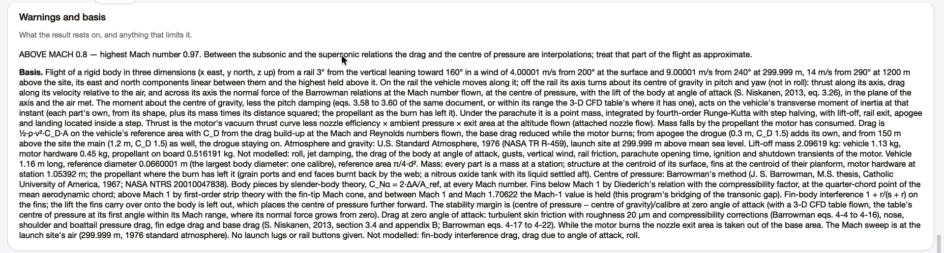 Warnings and basis on the flight Results page: the Mach 0.8 warning and the list of assumptions