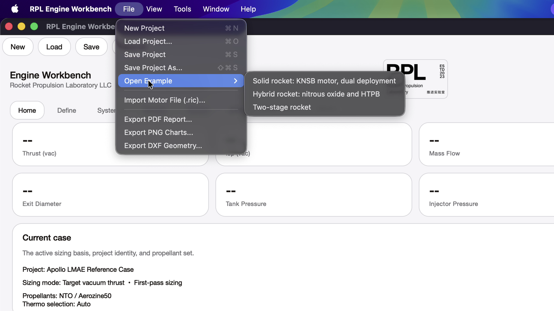 File menu with Open Example and its three examples: solid rocket, hybrid rocket and two-stage rocket
