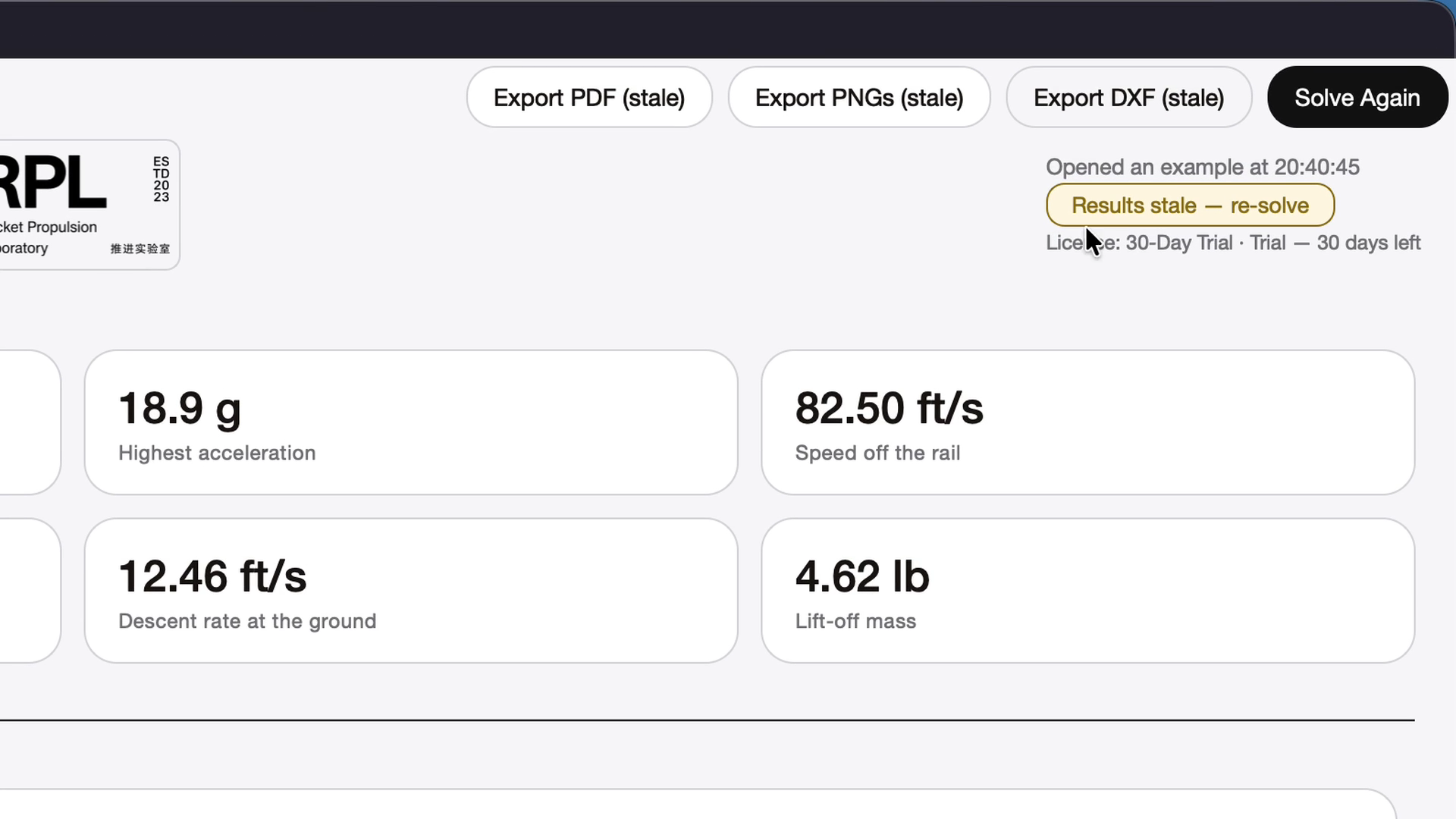 Badge reading Results stale, re-solve, with the export buttons marked stale